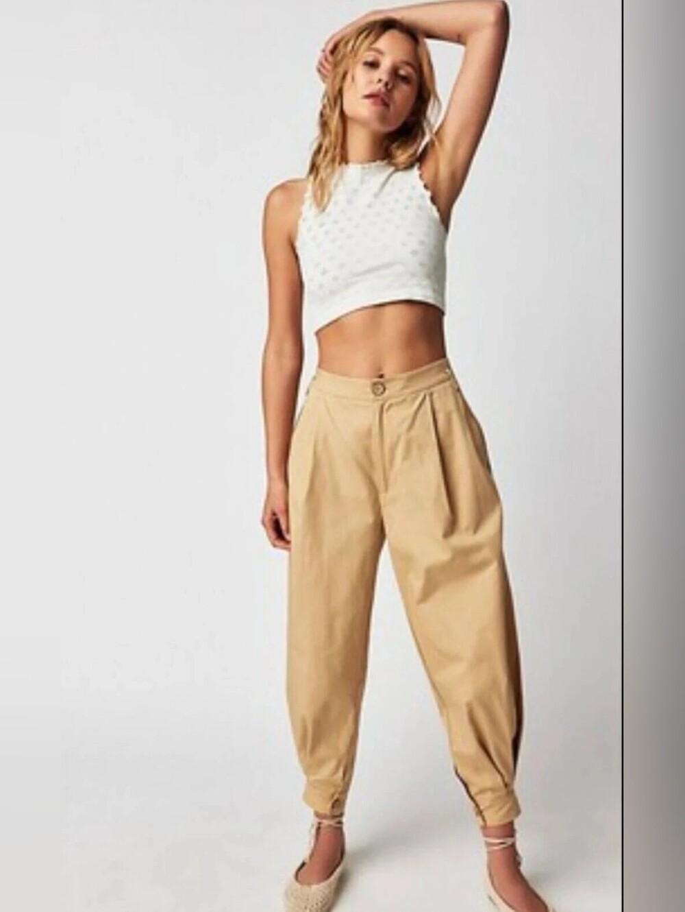 FREE PEOPLE Tan‎ Pleated Tapered Button Cropped Summer Bohemian Pants 12 NWOT